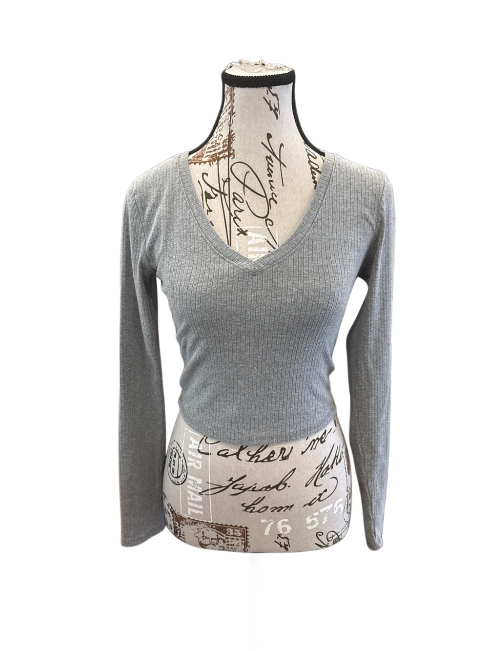 Bozzolo Women's Grey Ribbed V-Neck Long Sleeve Top